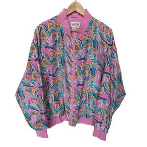 Silktime Vintage Colorful 80's Abstract Print Silk Bomber Jacket  size M